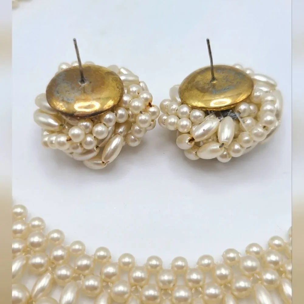Vintage Bib collar necklace and matching earrings,  faux pearl